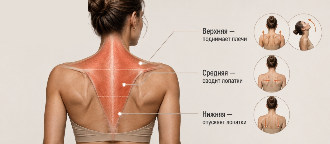 Расположение и части трапециевидной мышцы